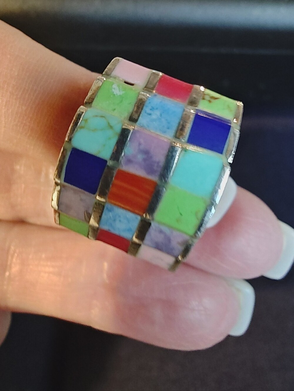 Vintage Navajo Heavy Sterling Silver.       Multi-Stone Mosaic Statement Ring